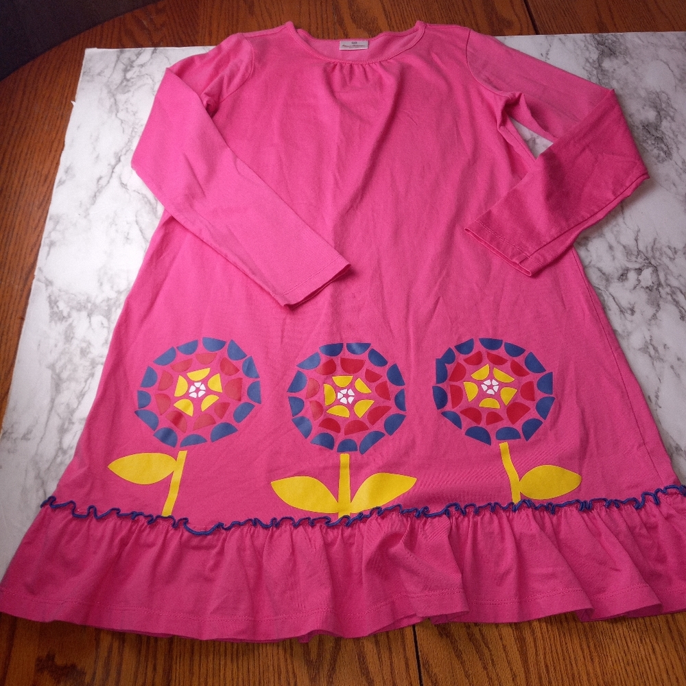 Pink Floral Ruffle Hem Long Sleeve Kids Dress